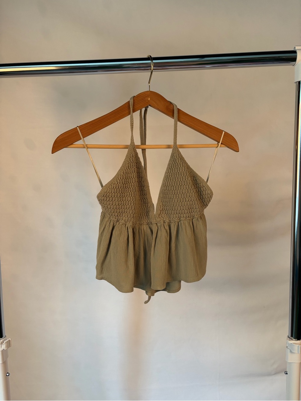 Garage Smocked Halter Peplum Crop Top - Olive Green